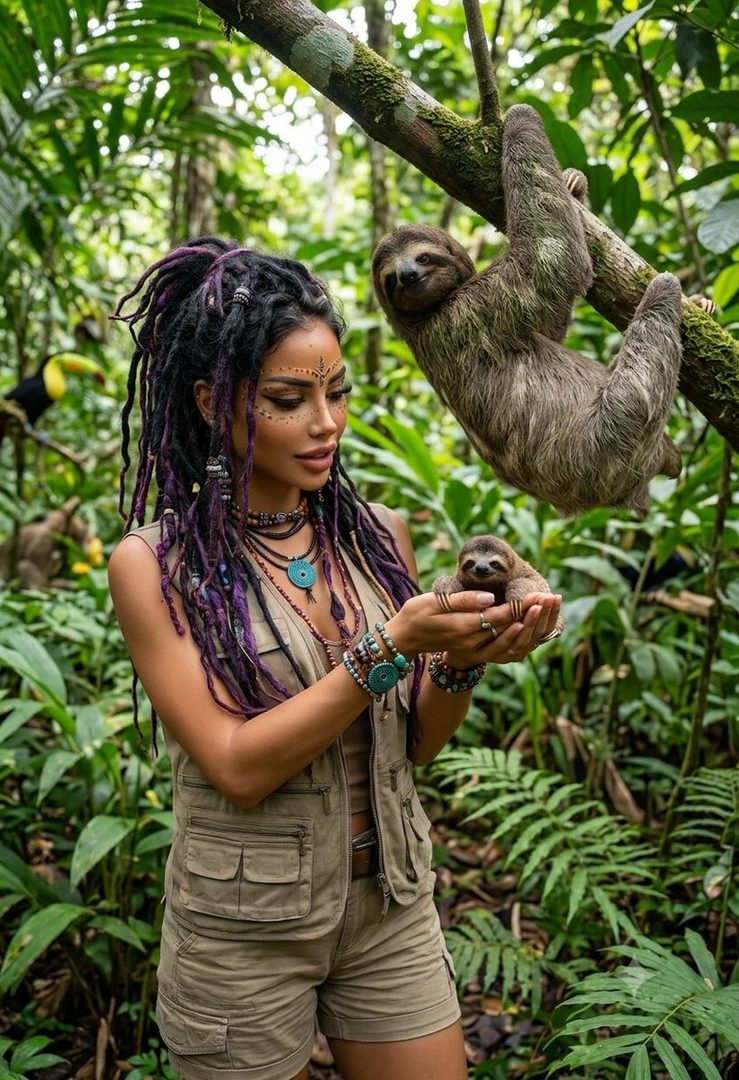 A woman with dreadlocks and tribal face paint holds a baby sloth in a lush jungle setting, with an adult sloth hanging from a branch above.