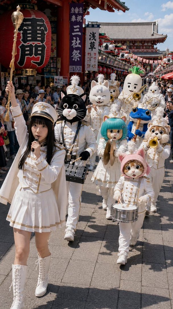 A young woman in a white marching band uniform leads a parade of people in animal mascot costumes, including cats, a radish, and a frog, through a Japanese street market.