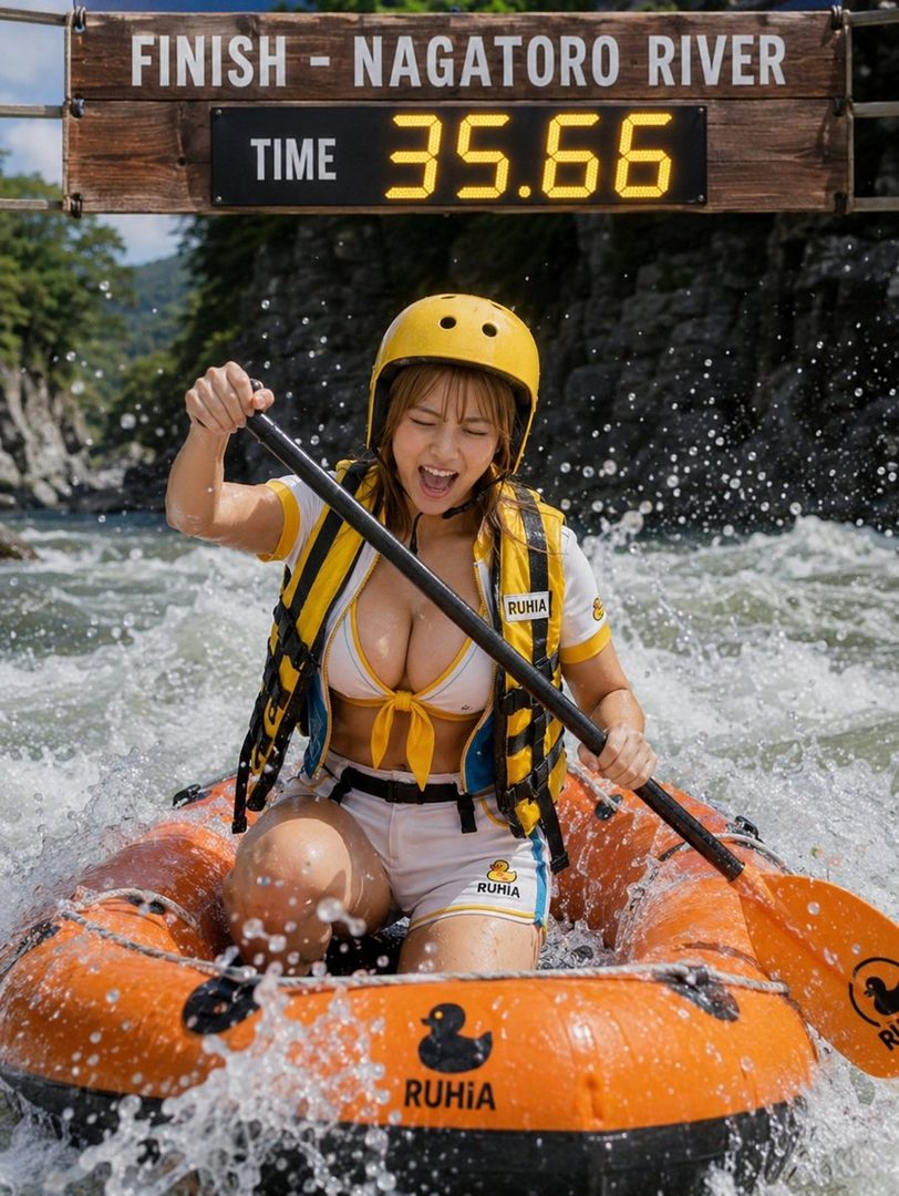 A woman in a yellow helmet and white bikini top with yellow trim is rafting down a river, holding a paddle, with a digital timer showing 35.66 in the background.