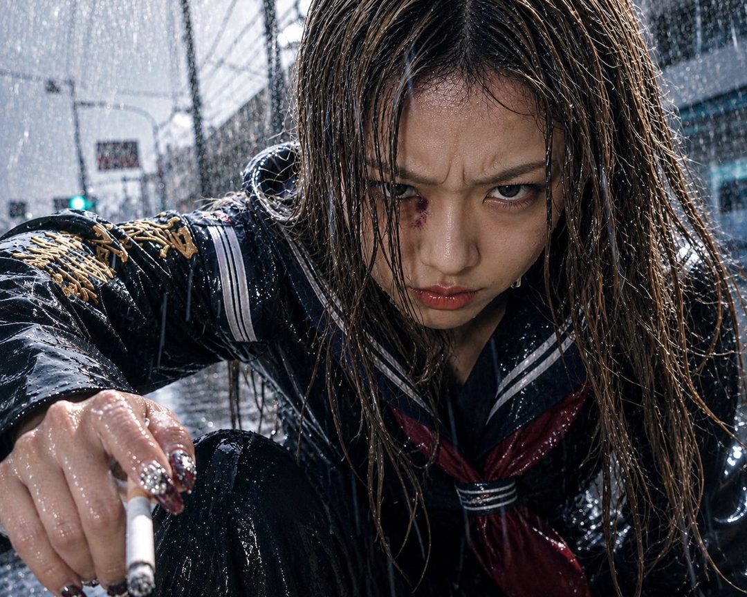 A young woman in a wet school uniform, with a bruised eye, smoking a cigarette in the rain.