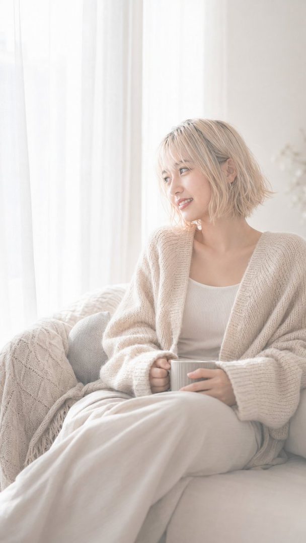 A young woman with short blonde hair and bangs, wearing a cream-colored cardigan and tank top, sits indoors holding a mug and looking to the side with a gentle smile.