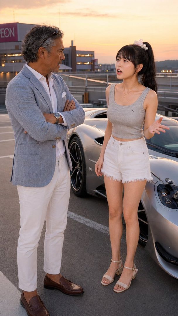 A mature man in a suit jacket and a young woman in shorts and a tank top stand next to a sports car on a rooftop parking lot at sunset.