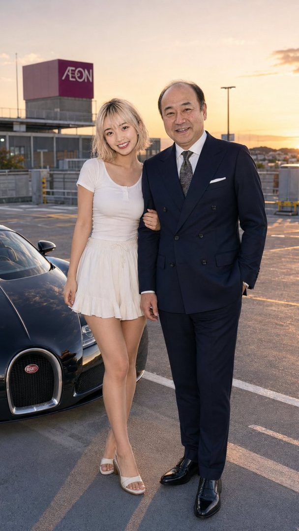 A young woman in a white top and skirt stands with an older man in a suit next to a Bugatti car on a rooftop parking lot at sunset.