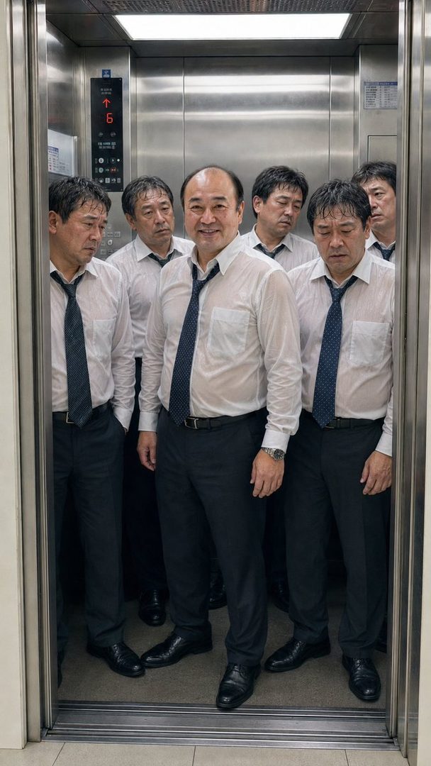 Six middle-aged East Asian men in white shirts and ties stand in an elevator, looking in various directions.