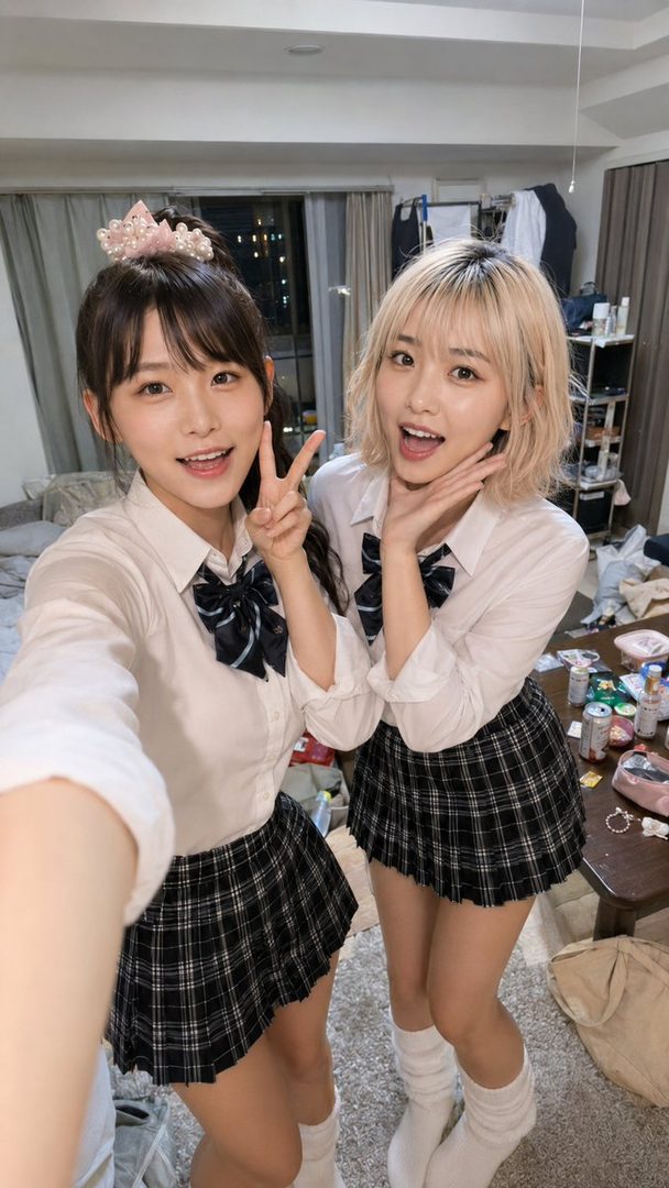 Two young women in school uniforms posing for a selfie indoors.