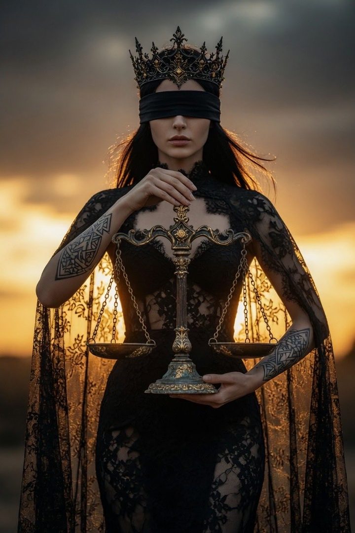 A blindfolded woman wearing a crown and a black lace dress holds the scales of justice at sunset.