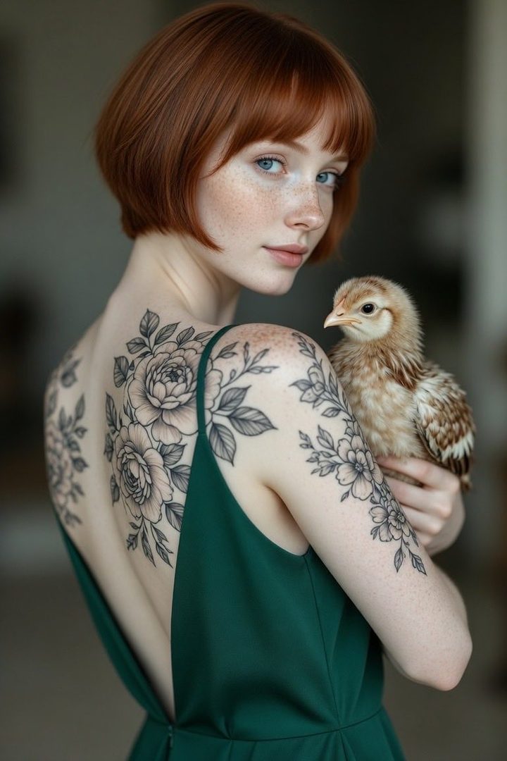A woman with short red hair and freckles, wearing a green dress, holds a chick and shows off floral tattoos on her back and arms.