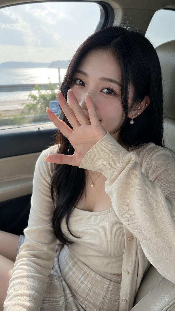 A young woman with long black hair, wearing a beige cardigan and a plaid skirt, takes a selfie in a car with a scenic ocean view in the background.
