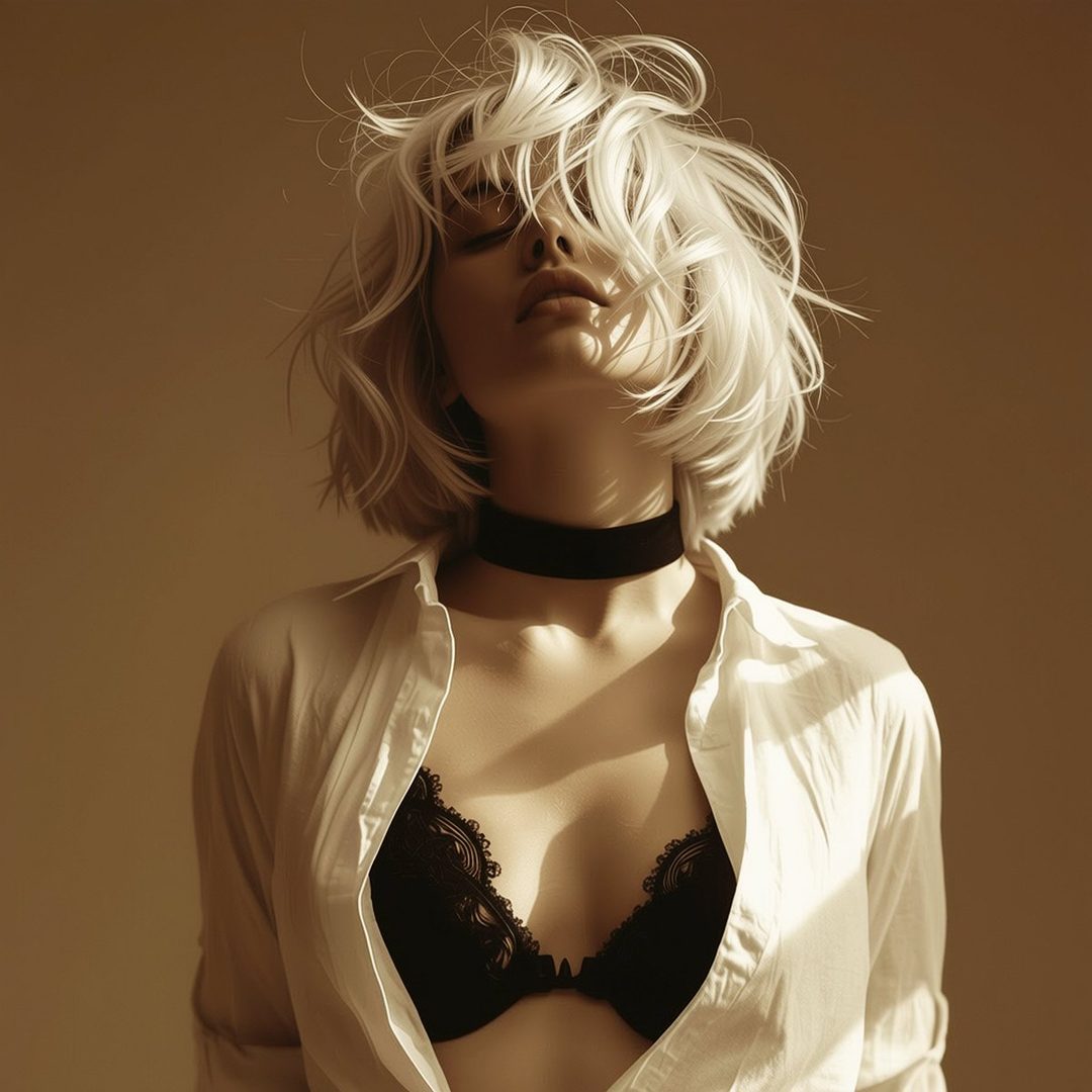 A woman with short, messy white hair and a black choker, wearing an unbuttoned white shirt over a black lace bra, posing with her eyes closed.