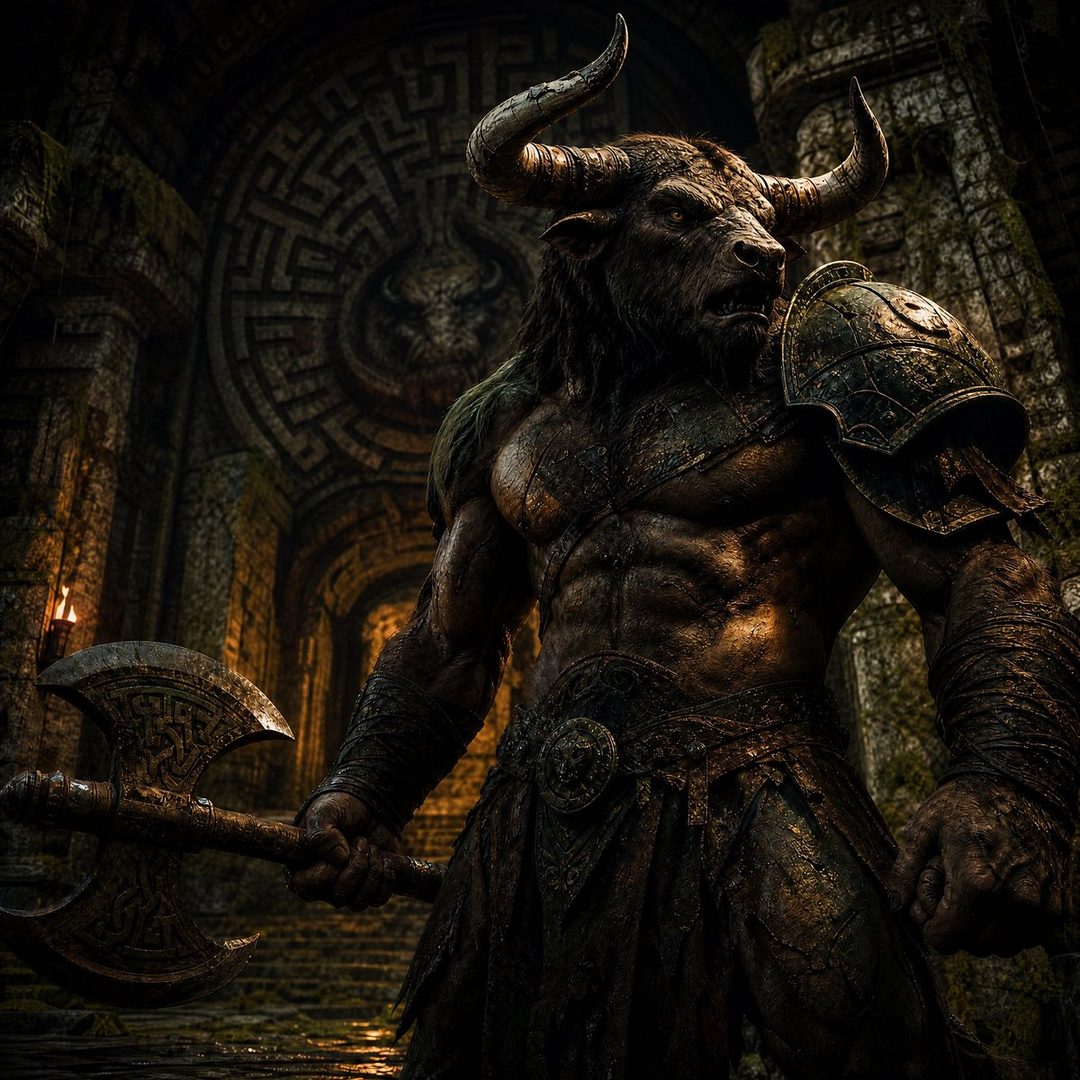 A muscular Minotaur warrior holding a large axe, standing in a dark, ancient stone labyrinth.