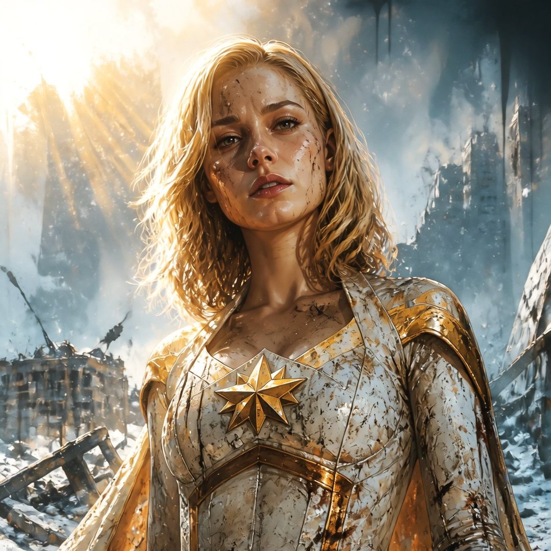 A blonde woman in a white and gold superhero costume stands in a destroyed city, looking determined.