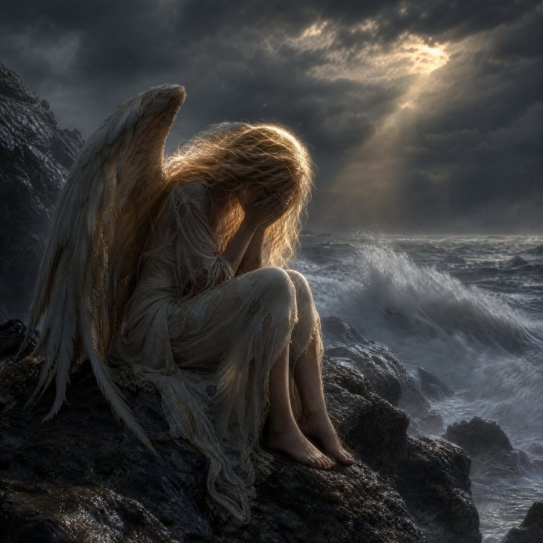 A blonde angel with tattered white dress sits on rocks by the stormy sea, head in hands, with dramatic lighting.
