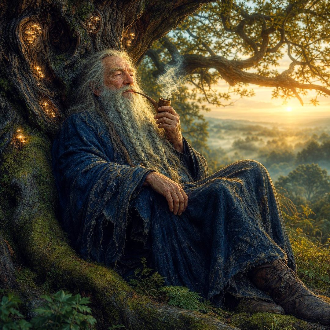 An elderly wizard with a long white beard, wearing a blue robe, sits under a large tree and smokes a pipe, with a misty landscape at sunset in the background.