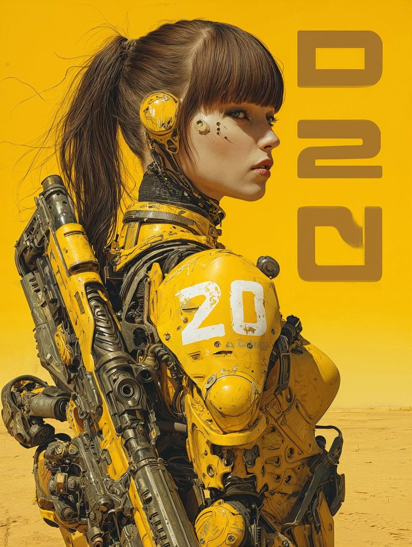 A photorealistic portrait of a woman in yellow futuristic armor holding a large weapon, with a yellow background.