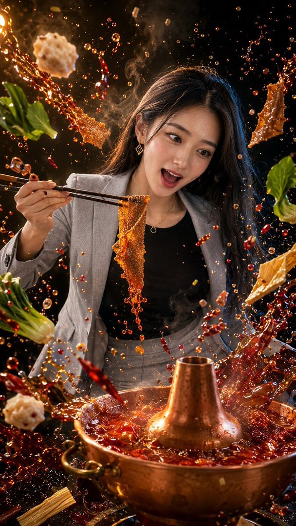 A young East Asian woman in a grey suit is enthusiastically eating hot pot, with food and broth splashing dynamically around her.