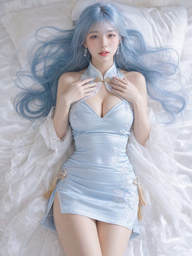 A beautiful East Asian woman with long, flowing blue hair lies on a bed wearing a pale blue qipao-style mini dress, posing for a dreamy portrait.