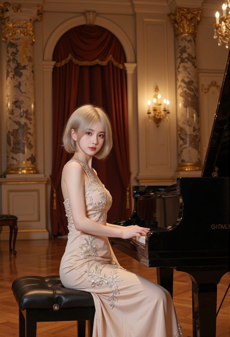 A young woman with short blonde hair sits at a grand piano in an elegant room, wearing a sparkling dress.