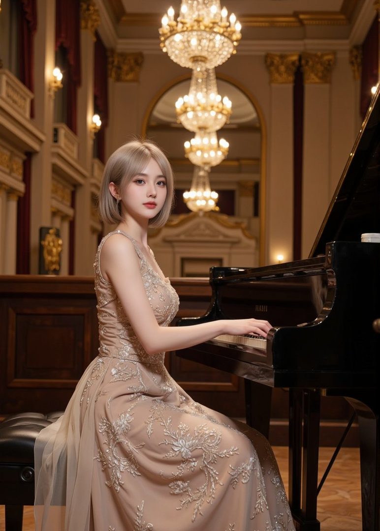 A young woman with short silver hair, wearing an elegant dress, plays a grand piano in a luxurious concert hall.