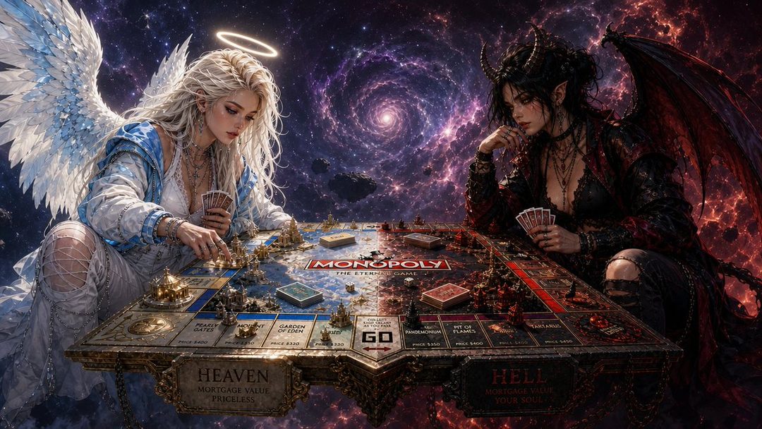 An angel and a demon playing Monopoly in space, with the board divided into Heaven and Hell.