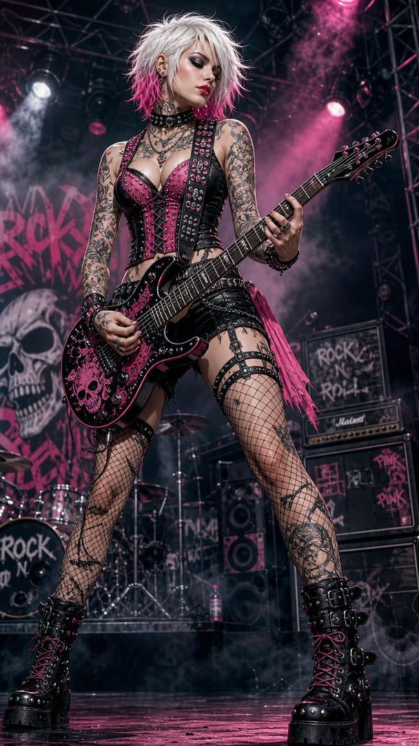 A punk rock woman with short white and pink hair, tattoos, and fishnet stockings plays a pink electric guitar on stage.