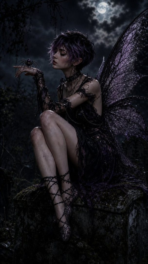 A dark fairy with short purple-tinged hair sits on a stone in a dark forest at night, holding a spider.