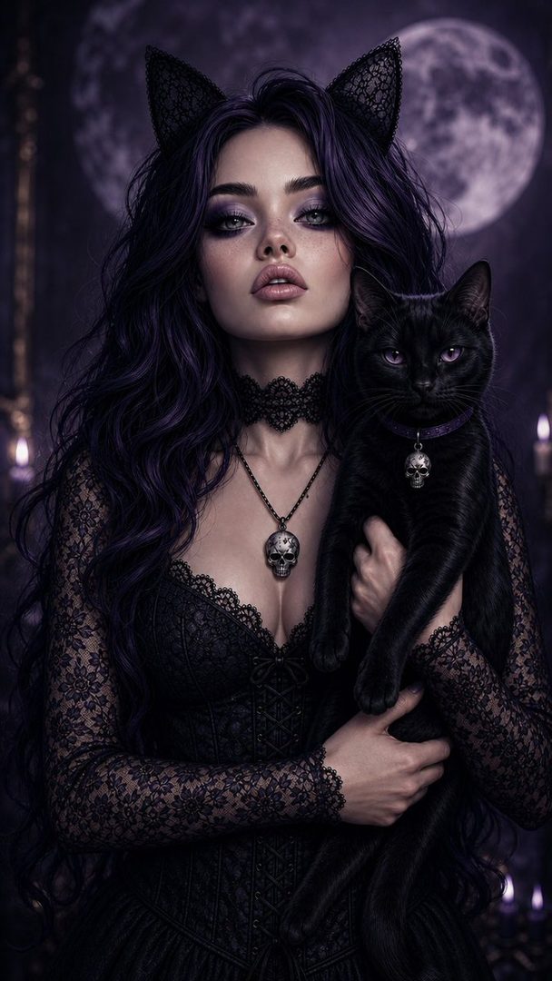 A gothic portrait of a woman with purple hair and cat ears, holding a black cat, with a full moon in the background.