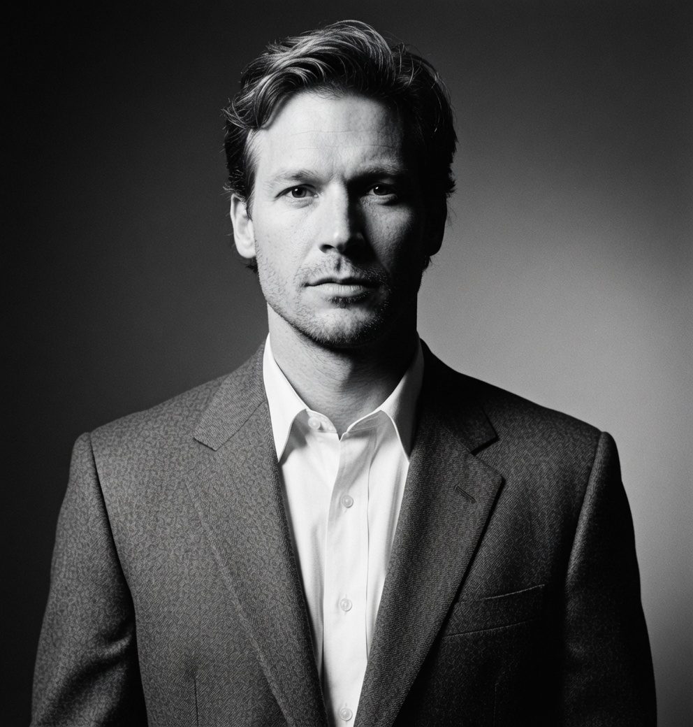 A black and white studio portrait of a man in a gray suit and white shirt, with tousled brown hair.