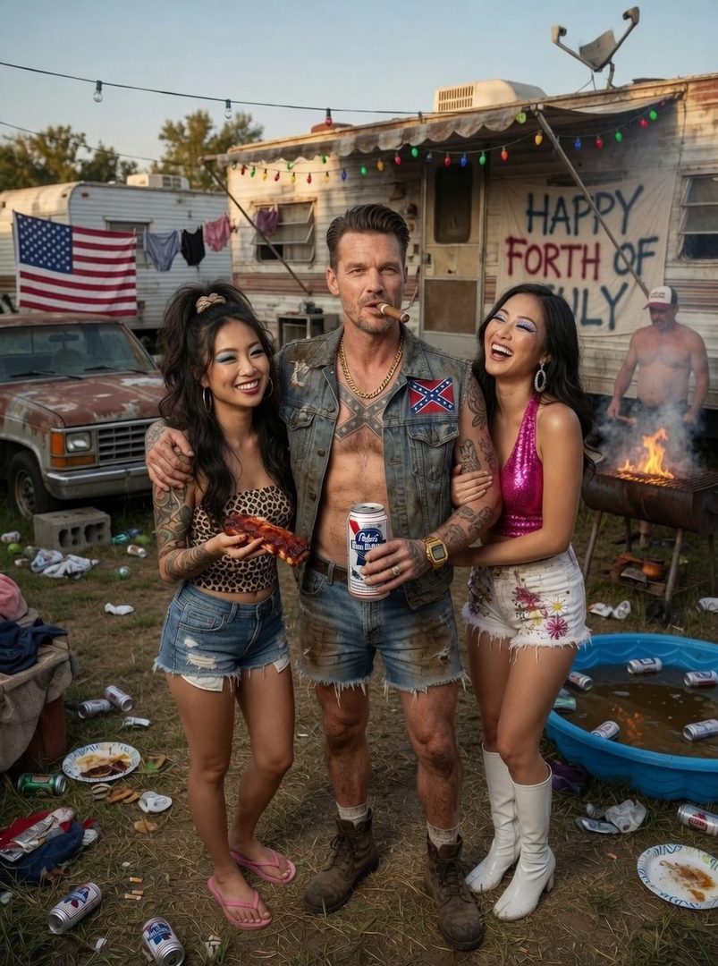 A man with two women posing in front of a trailer with American flags and decorations, celebrating the Fourth of July.
