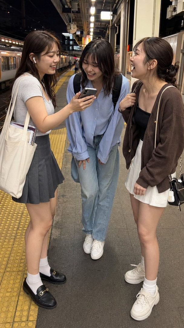 Three young women are laughing and looking at a phone on a train station platform at night.