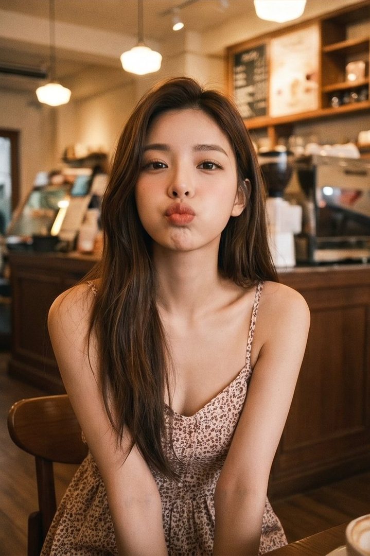 A young East Asian woman with long brown hair makes a pouty face while sitting in a cafe.