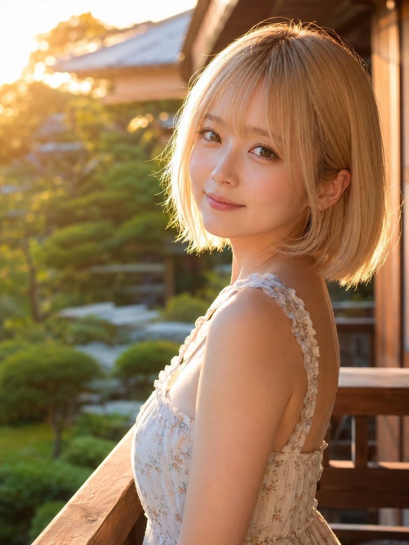 A young woman with short blonde hair and bangs, wearing a floral sundress, smiles gently while looking over her shoulder. She is standing on a wooden balcony with a lush garden visible in the background, bathed in warm golden hour sunlight.