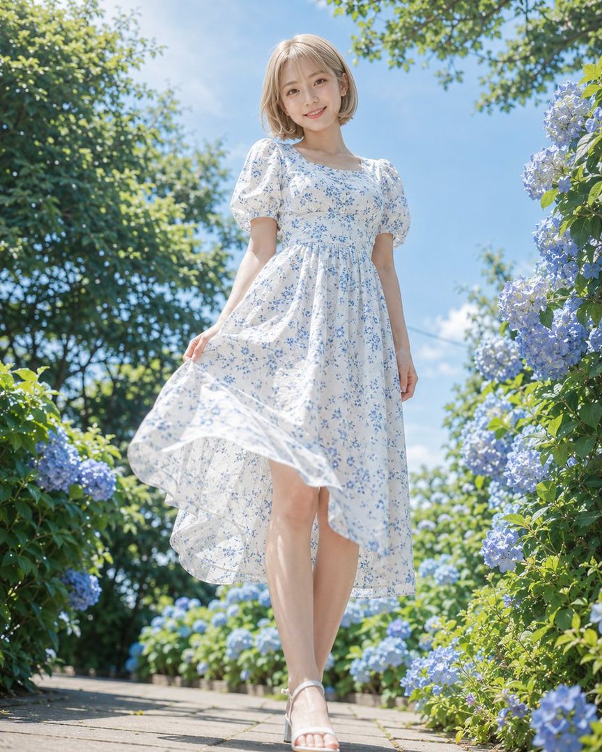A young woman with short blonde hair smiles at the camera, wearing a white floral dress and silver sandals, standing outdoors among blue hydrangeas.