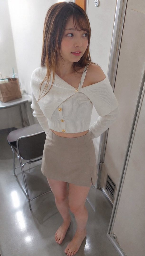 A young woman with long brown hair, wearing a white off-the-shoulder top and a beige mini skirt, stands indoors.