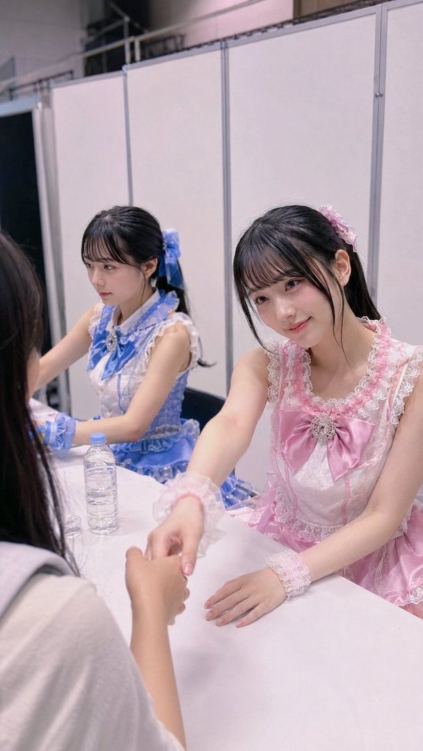 Two young women in matching blue and pink idol outfits, one in pink is shaking hands with someone off-camera, while the other in blue looks on.