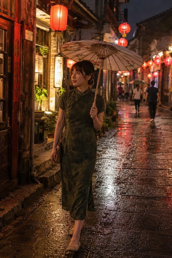 A woman in a dark green cheongsam walks down a wet, lantern-lit street at night, holding a paper umbrella.