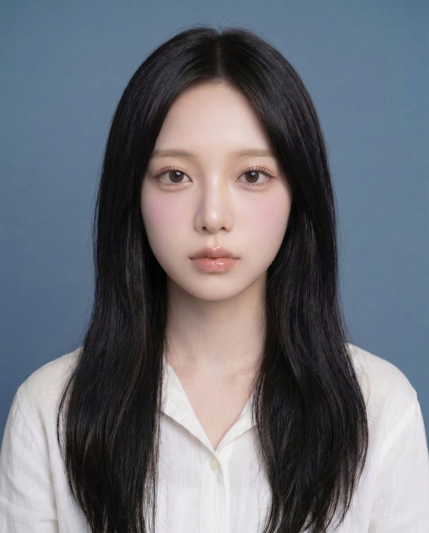 A studio portrait of a young East Asian woman with long black hair, wearing a white collared shirt, with a soft, cute expression.