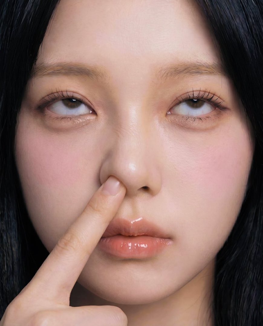 Close-up portrait of a young East Asian woman with black hair, playfully touching her nose with her finger, her eyes rolled upwards.