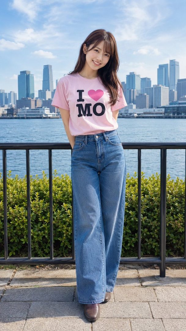 A young woman with long brown hair smiles at the camera, wearing a pink t-shirt with 'I love MO' printed on it and blue jeans, standing outdoors with a city skyline in the background.