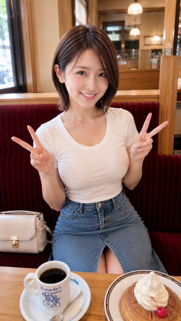 A young East Asian woman with short brown hair smiles and holds up two peace signs while sitting at a cafe table with coffee and a pastry.