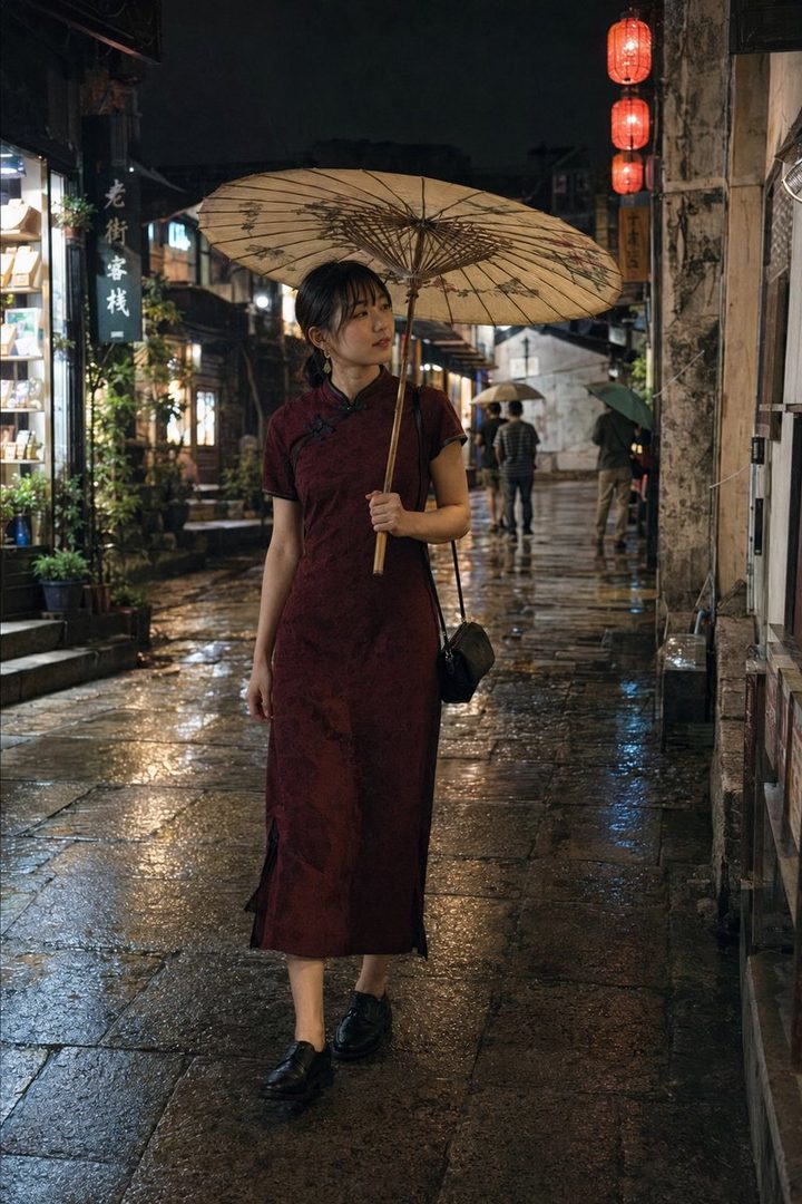 A young woman in a maroon cheongsam walks down a wet, illuminated street at night, holding a traditional paper umbrella.