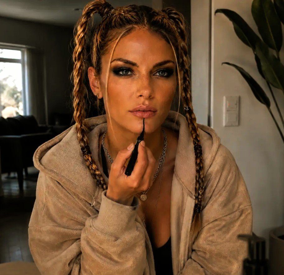 A woman with blonde braided pigtails applying lipstick in front of a mirror, wearing a beige hoodie.