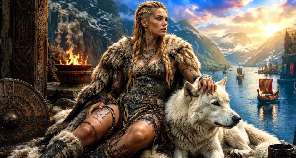 A fierce Viking woman with braided blonde hair, wearing fur armor, sits with a white wolf beside her, overlooking a fjord with Viking ships.