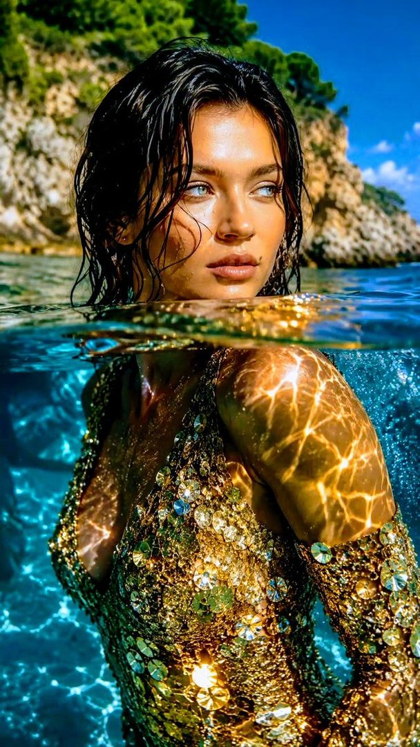 A beautiful woman with wet black hair and striking blue eyes emerges from the water, wearing a shimmering gold sequined outfit.