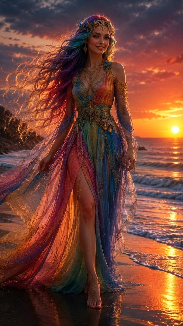 A beautiful woman with long, flowing, multi-colored hair and a vibrant, flowing dress stands on a beach at sunset.
