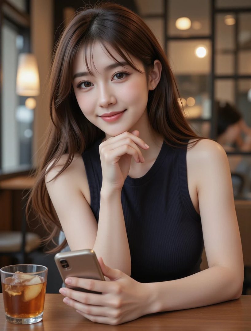 A young East Asian woman with long brown hair and bangs, wearing a black sleeveless top, holds a smartphone and rests her chin on her hand, sitting at a table with a drink.