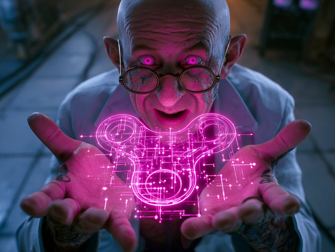 A bald, elderly man with glowing pink eyes and round glasses holds a glowing pink digital schematic in his outstretched hands.