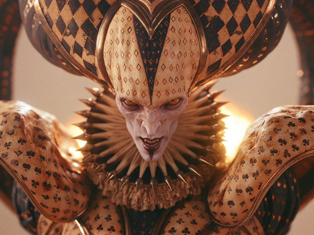 A photorealistic portrait of a menacing jester character with sharp teeth and glowing eyes, wearing a detailed costume adorned with playing card symbols.