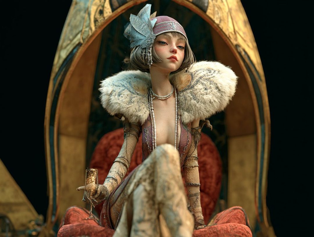 A photorealistic AI-generated portrait of a woman in 1920s flapper attire, sitting in an ornate chair and holding a champagne glass.