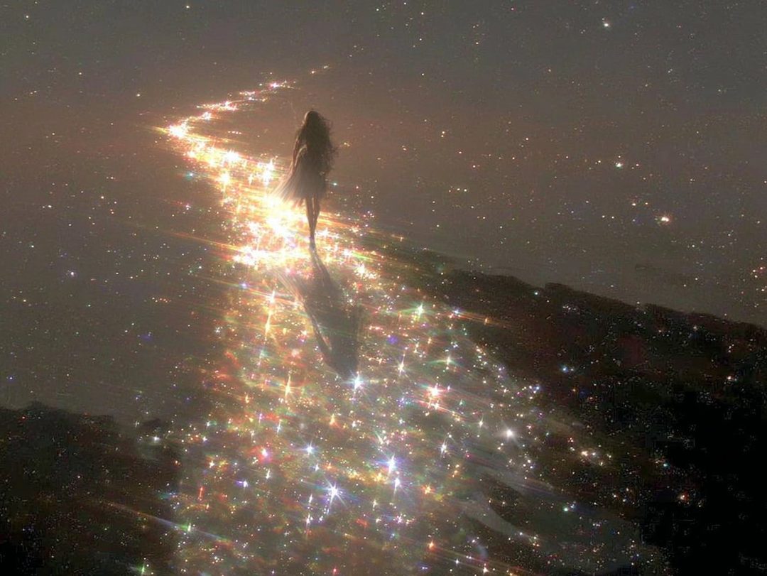 A lone woman walks on a sparkling path through a starry night sky.