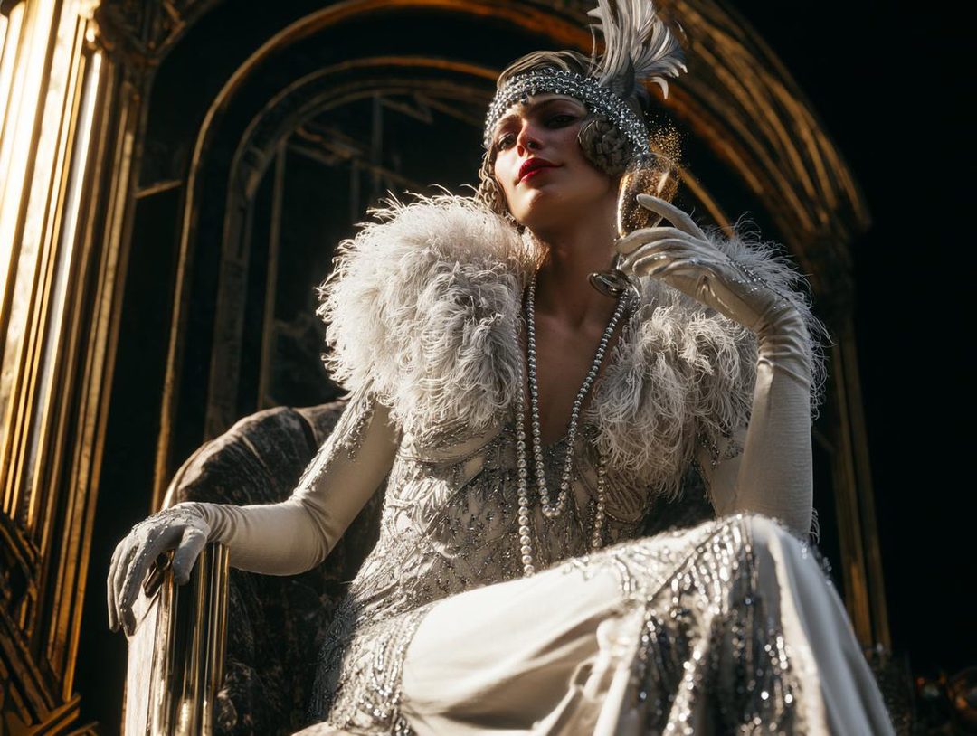 A glamorous woman in a 1920s flapper-style dress and headdress, holding a champagne glass, seated in an ornate chair.